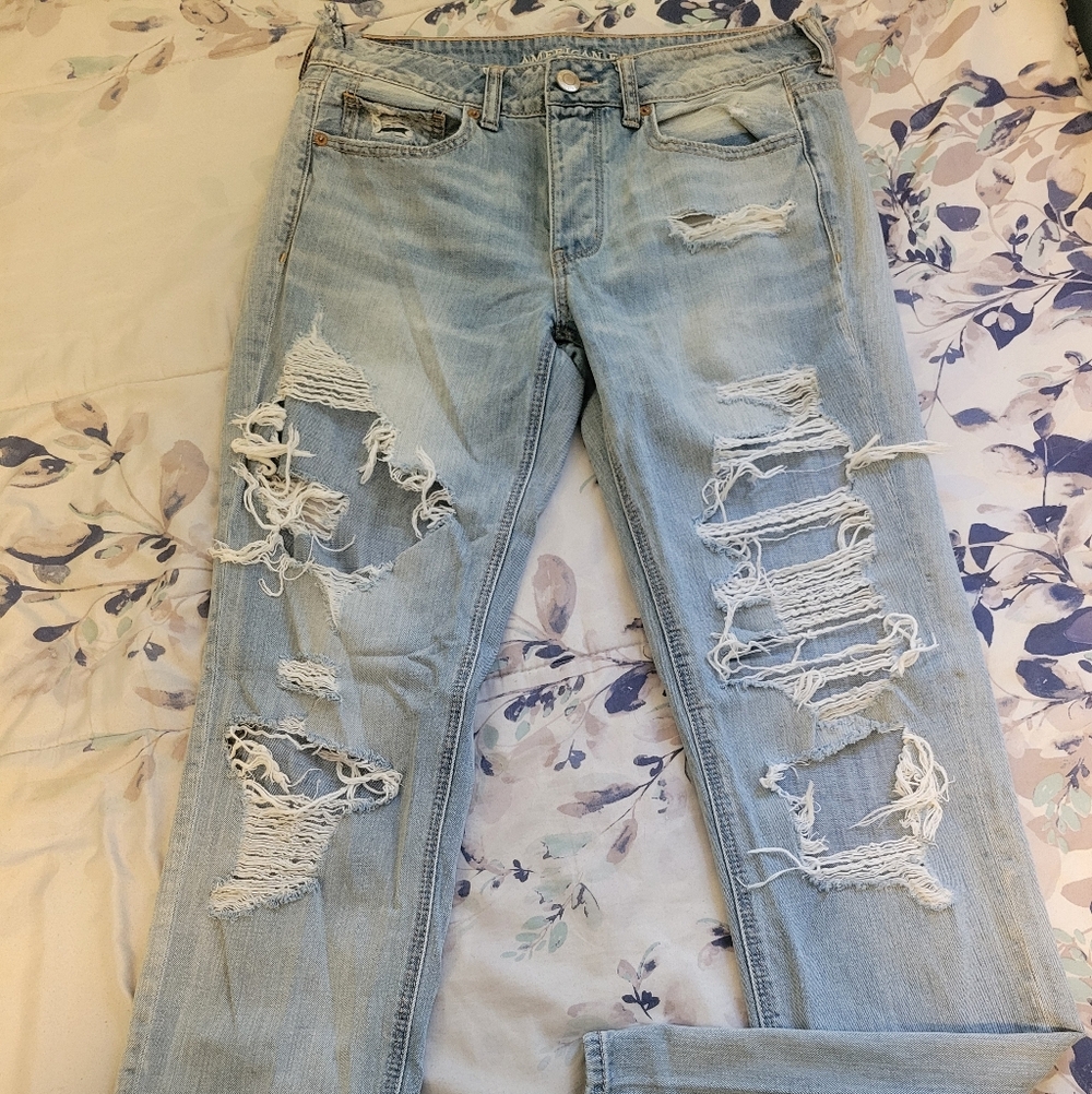 American Eagle Outfitters Light Blue Distressed Straight Leg Jeans Xtra Long